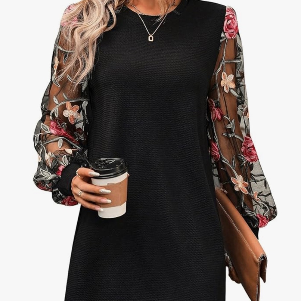 CeCe NWT Elegant Black Floral Sheer Sleeve Dress